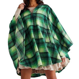 NEW FREE PEOPLE KELLY GREEN WOODSTOCK BRUSHED PLAID PONCHO CAPE JACKET ONE SIZE